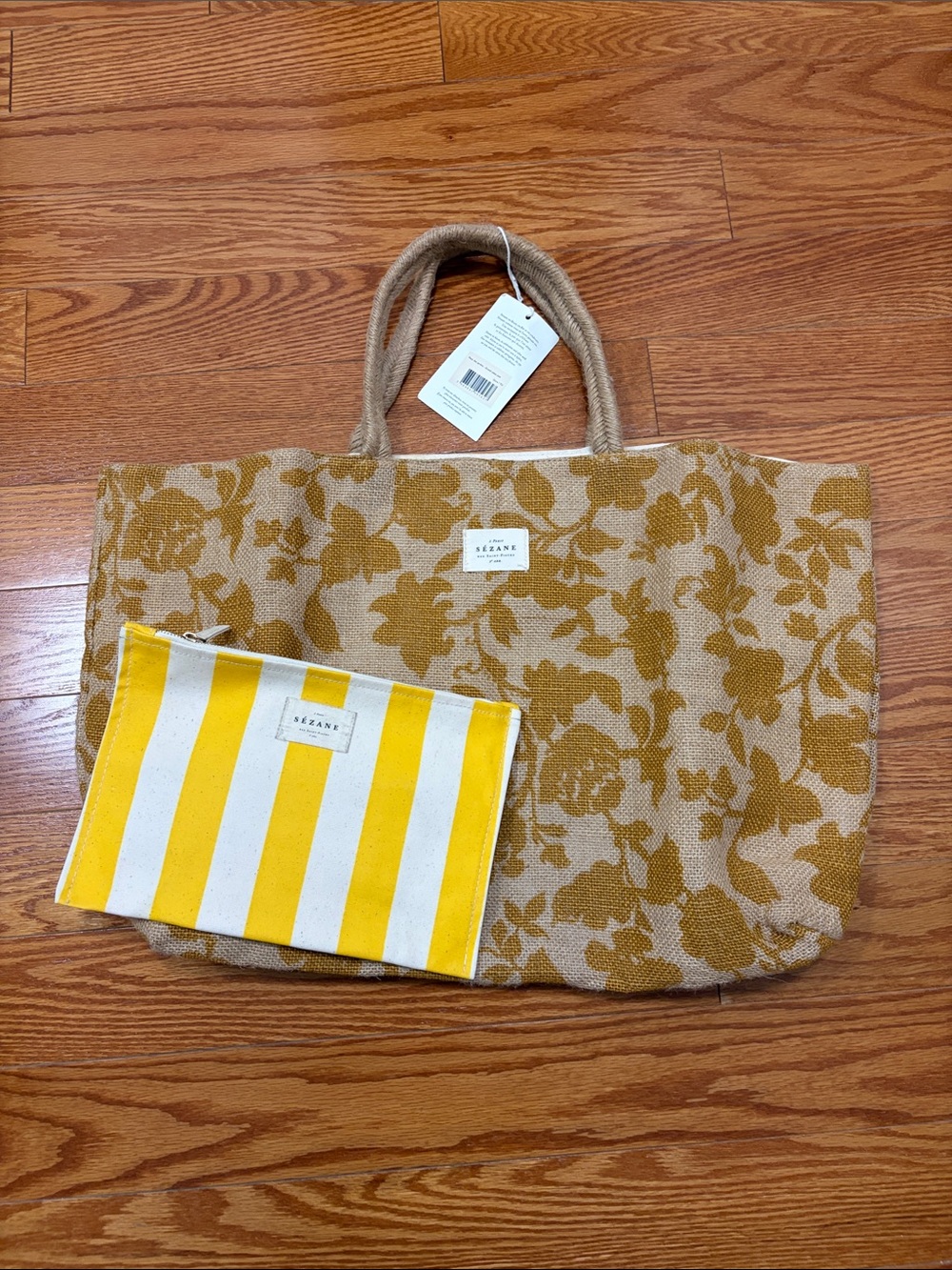 NWT Sezane Ochre Jute floral tote with One Free striped pouch